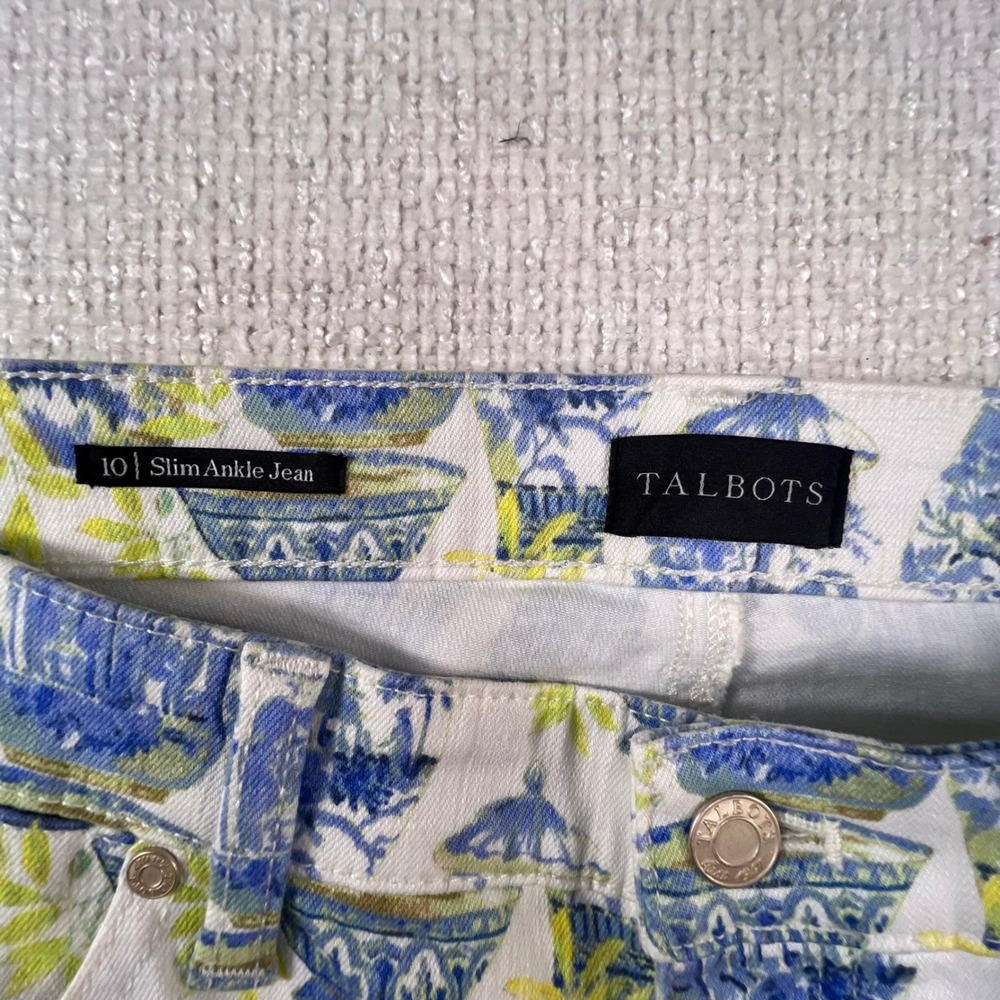 Talbots Slim Ankle Jean 10 Blue White Chinoiserie Ginger Jar Vase Print Pants - Picture 8 of 10